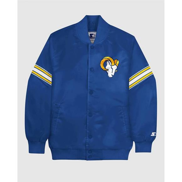 NEW STARTER men's los angeles rams satin full snap jacket in blue